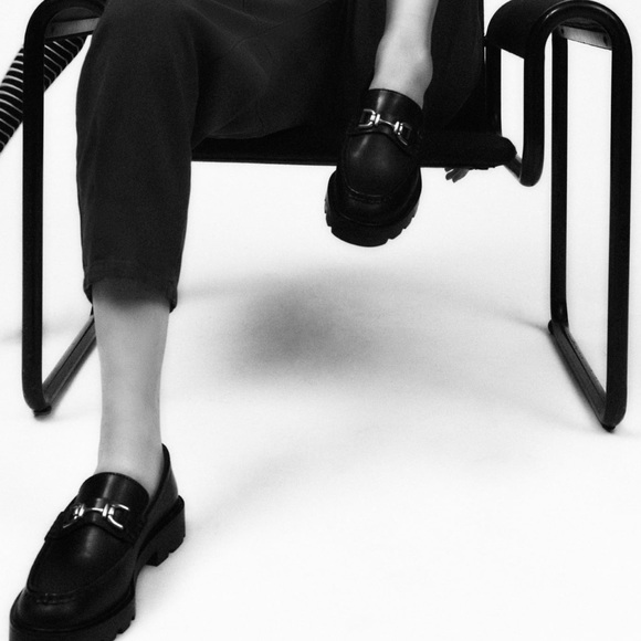 Lug Sole Black Leather Loafers with gold metal detail - Picture 2 of 13